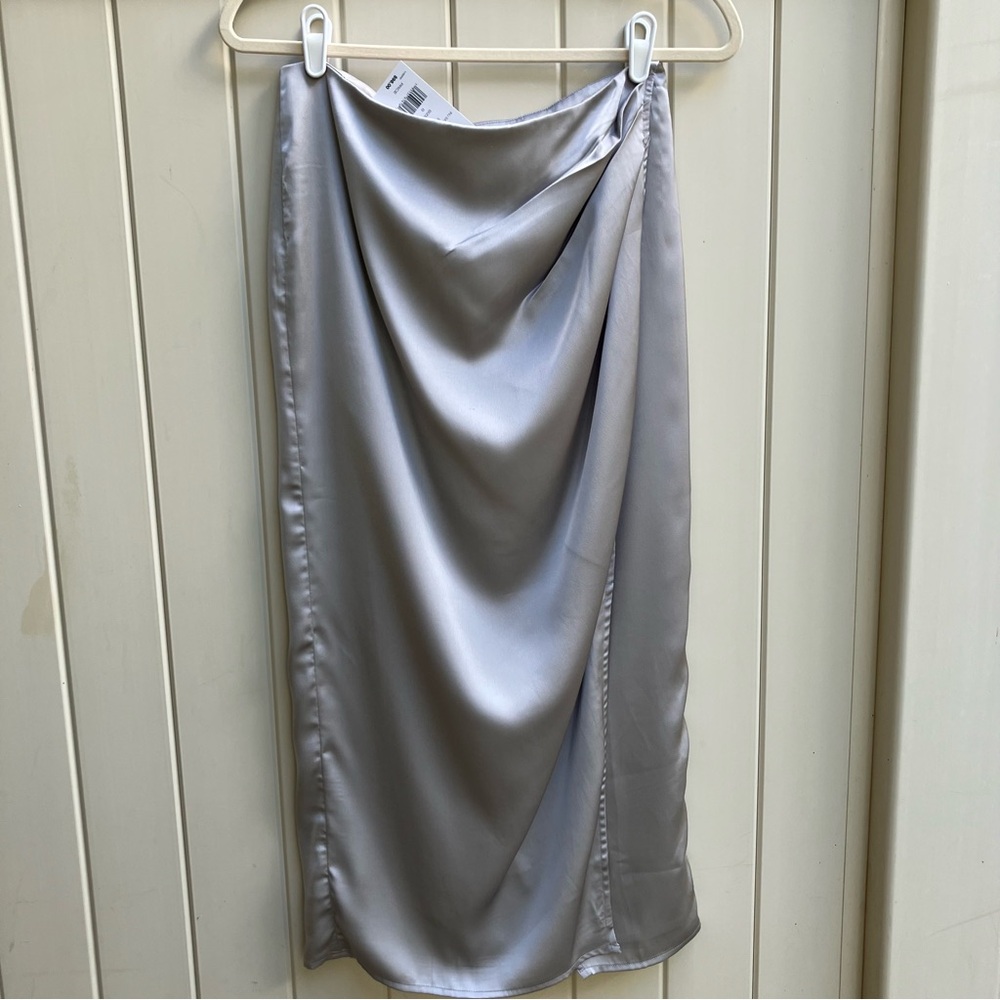 French Connection satin midi wrap skirt sz 8 silver NWT office siren mobwife